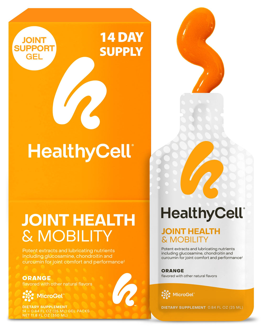 HealthyCell orange gel pack showing a tasty daily joint mobility support option