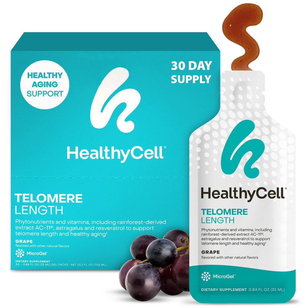 HealthyCell telomere-length microgel pack promoting cellular support and easy daily use.