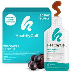 HealthyCell telomere-length microgel pack promoting cellular support and easy daily use.