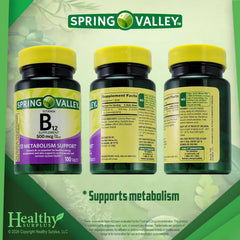 Healthy Surplus B12 tablets with dosage guide tips card shown.
