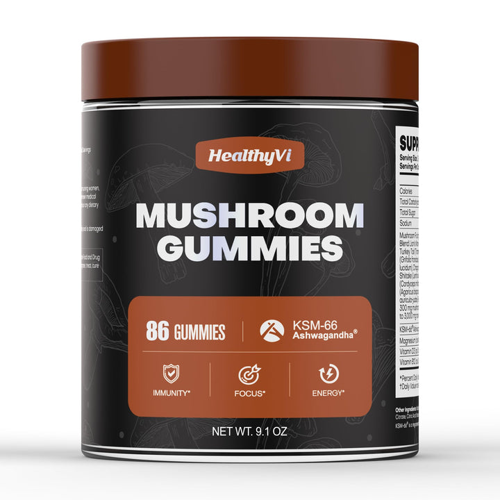 HealthyVi Mushroom Gummies bottle featuring reishi, cordyceps, and turkey tail for daily immune support.