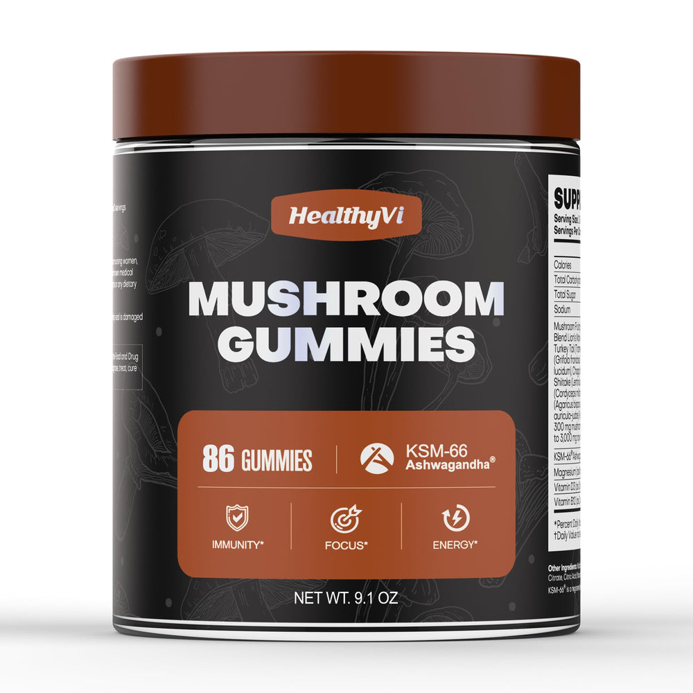HealthyVi Mushroom Gummies bottle featuring reishi, cordyceps, and turkey tail for daily immune support.