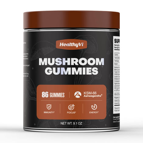 HealthyVi Mushroom Gummies bottle featuring reishi, cordyceps, and turkey tail for daily immune support.