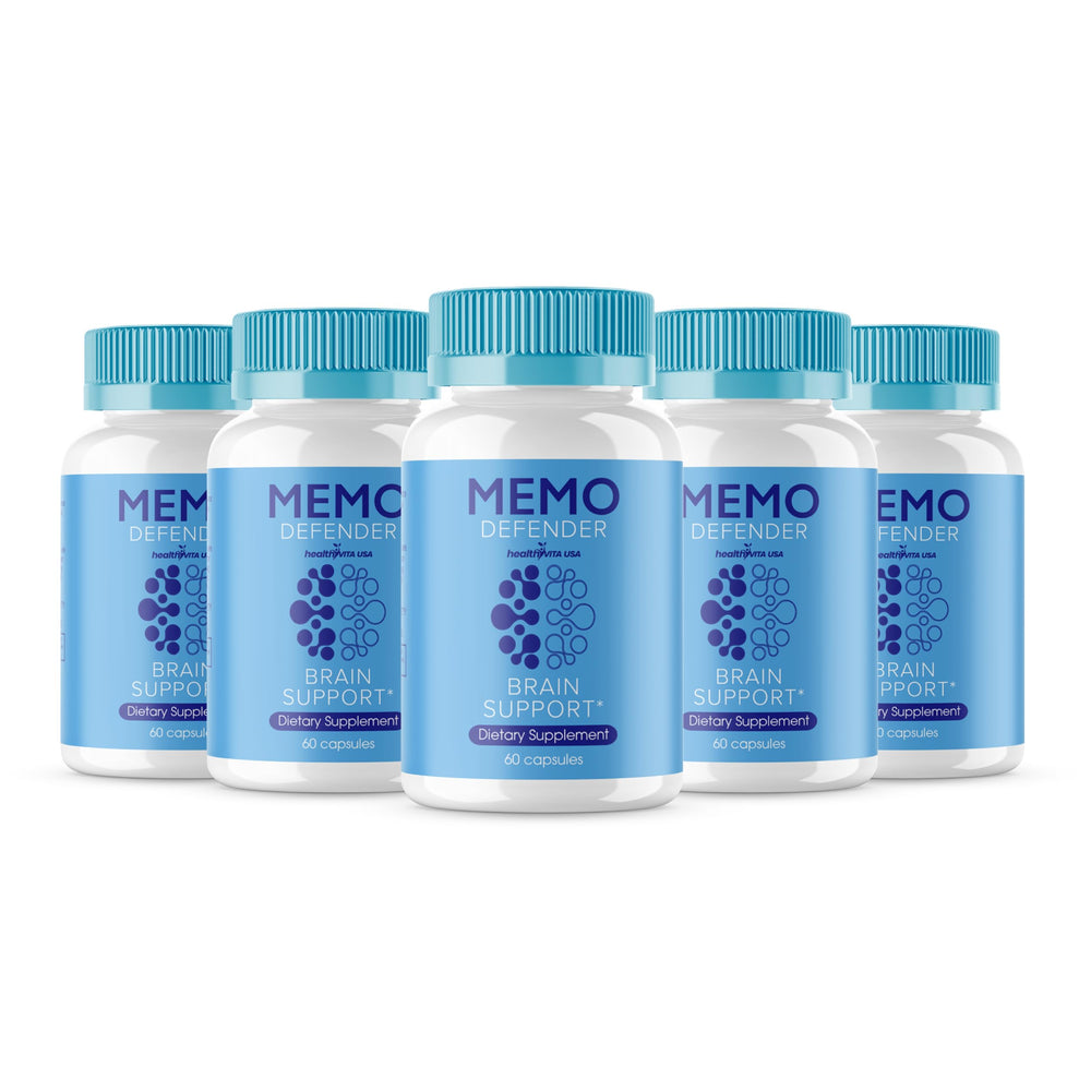 HealthyVita USA Memo Defender capsules bottle showing an all-natural formula for daily support