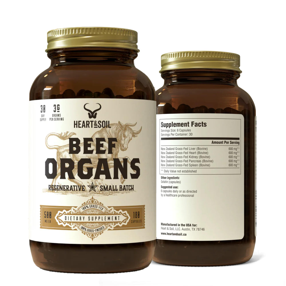 Heart & Soil beef organ supplement bottle with nutrient-dense blend for daily wellness.