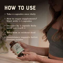 Heart & Soil bottle with dosage guidance for daily intake.