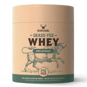 HEART & SOIL unflavored whey protein bag open for a post-workout shake.