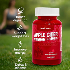 Heatonicel ACV Gummies for Women bottle-back shows B6 and B12 and vegan formula
