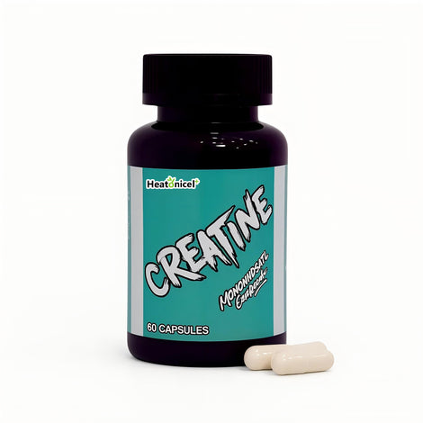 Heatonicel creatine monohydrate capsules bottle ready for gym sessions and energy support