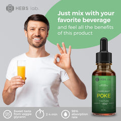 Close-up view of HEBS LAB Poke Root Extract bottle highlighting purity.