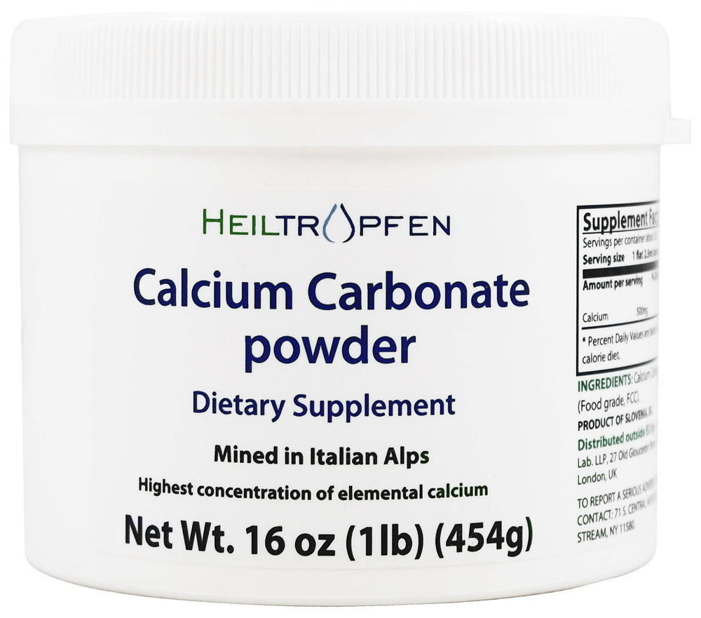 Heiltropfen Calcium Carbonate powder packaging showcasing purity for dietary use.