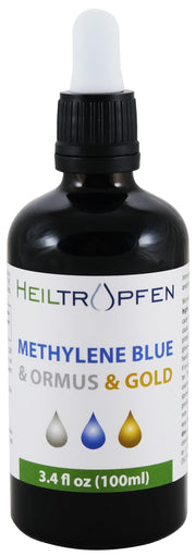Heiltropfen Methylene Blue Ormus Gold bottle front, premium packaging ideal for travel