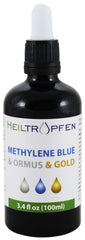 Heiltropfen Methylene Blue Ormus Gold bottle front, premium packaging ideal for travel