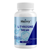 Heivy L-Tyrosine 500mg bottle close-up supports daily focus during study tasks.