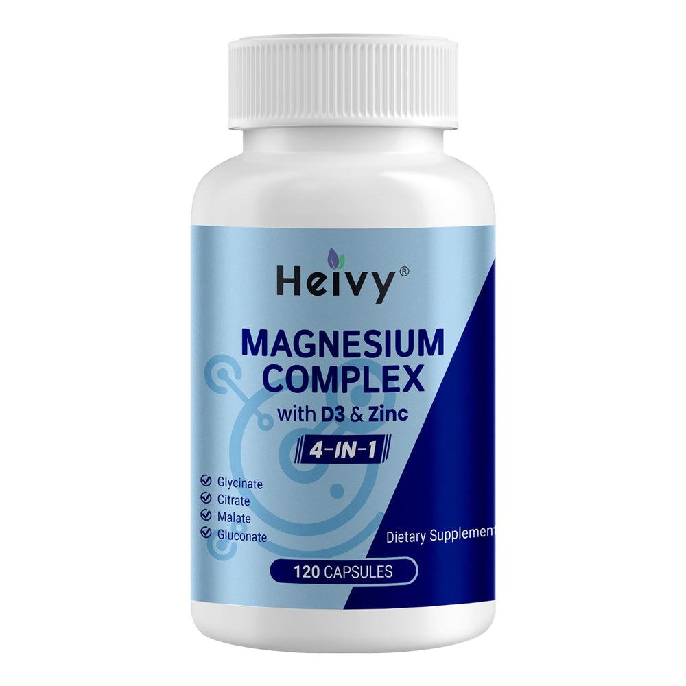 Heivy magnesium zinc d3 bottle packaging showing 120 vegan capsules for daily wellness