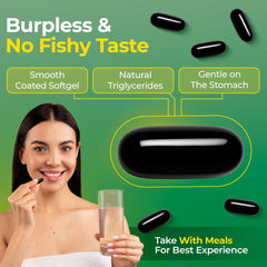 HELAB burpless softgels in bottle with clear label for easy swallowing.