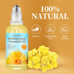 Helichrysum essential oil roll-on bottle closeup, showcasing pure formula.