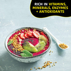 Helio Hives bee pollen granules spread shows natural texture ideal for toppings