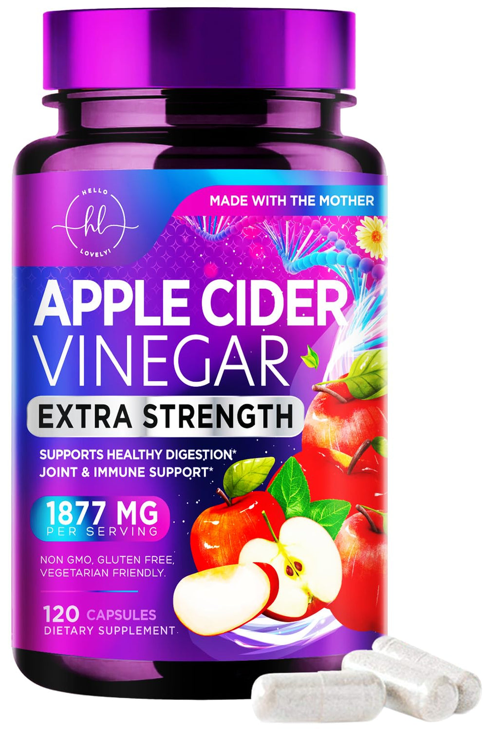 Hello Lovely Apple Cider Vinegar Capsules bottle shows 1877mg for daily digestion support