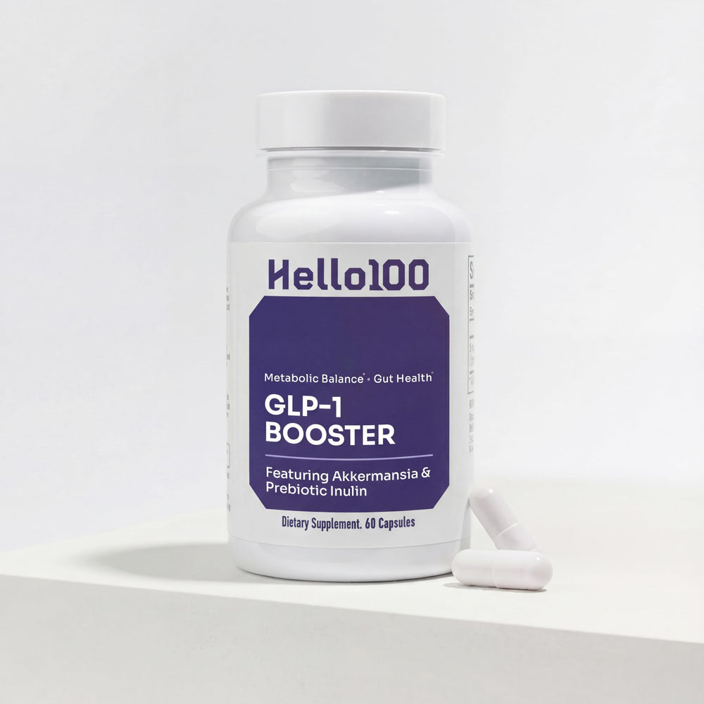 HELLO100 GLP-1 bottle front with label, vegan capsules for appetite support.