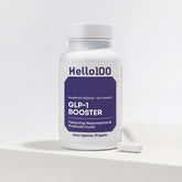 HELLO100 GLP-1 bottle front with label, vegan capsules for appetite support.
