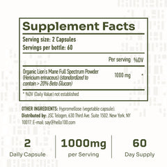 Closeup of HELLO100 Lion’s Mane capsules highlighting cognitive focus potential.