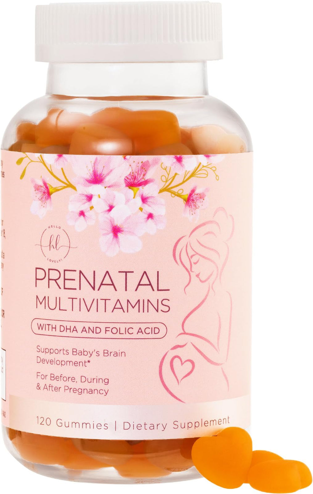 Hello Lovely Prenatal bottle pour showing convenient chewable gummies for daily freshness