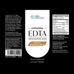 HelloPharmacist liposomal EDTA packaging showing ISO LAB Verified ingredients and quality