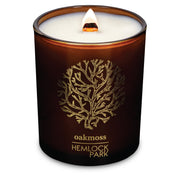 Hemlock Park Amber & Gold candle with wood wick delivers a steady, cozy glow.