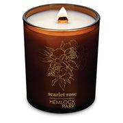 Hemlock Park Amber and Gold Wood Wick Candle closeup showing warm glow for cozy spaces using coconut wax
