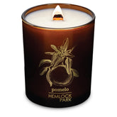 Hemlock Park Amber & Gold wood wick candle with steady flame for cozy ambience.
