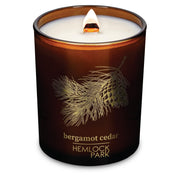 Hemlock Park Amber & Gold wood wick candle emits a subtle inviting aroma in a cozy living room.