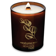 Hemlock Park Amber & Gold wood wick candle with a steady flame for cozy evenings.
