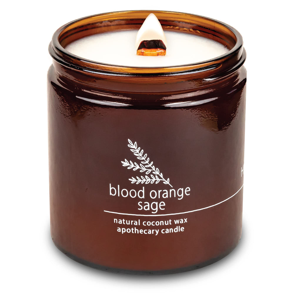 Hemlock Park blood orange sage candle with a crackling wooden wick for cozy ambiance.