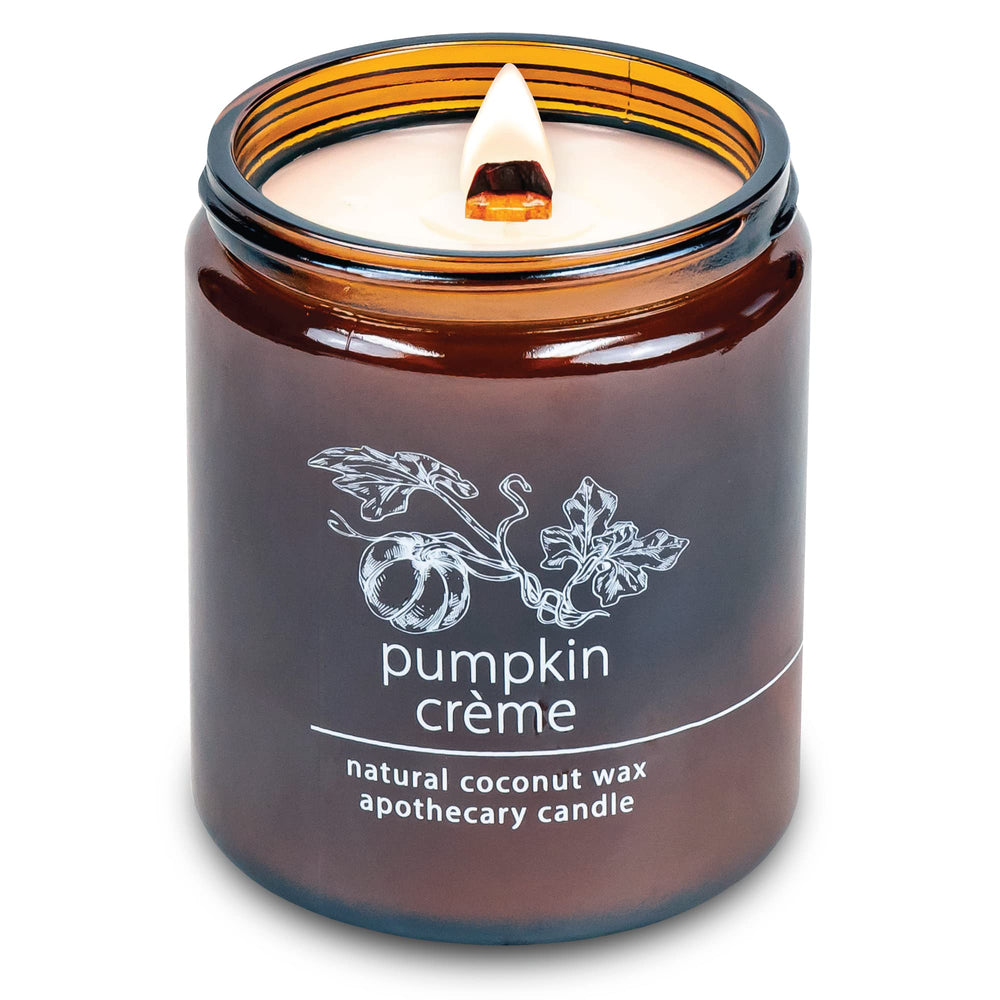 Hemlock Park crackling wick candle with pumpkin creme aroma for cozy nights.