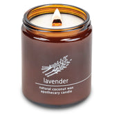 Hemlock Park Lavender candle with crackling wooden wick for cozy ambiance.