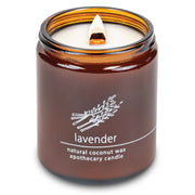 Hemlock Park Lavender candle with crackling wooden wick for cozy ambiance.