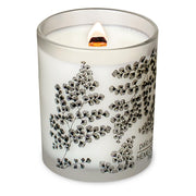 Hemlock Park Frosted Jar Wood Wick Candle with Palo Santo aroma creates calm ambiance.