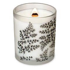 Hemlock Park Frosted Jar Wood Wick Candle with Palo Santo aroma creates calm ambiance.