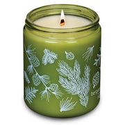 Hemlock Park green glass wood wick candle with coconut wax for subtle aroma and clean burn.