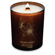 Hemlock Park Sea Salt Orchid candle jar closeup highlighting coconut wax for clean burning.
