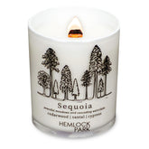 Hemlock Park travel-inspired candle with Sequoia-Cedarwood scent and crackling wood wick for cozy ambience.