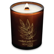 Hemlock Park wood wick candle closeup enhances cozy evenings with steady flame.