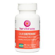 Her Vital Way Our Defense bottle pour showing easy daily immune support.