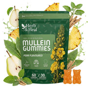 Herb & Heal Mullein Gummies bottle: convenient daily lung support for easier breathing.
