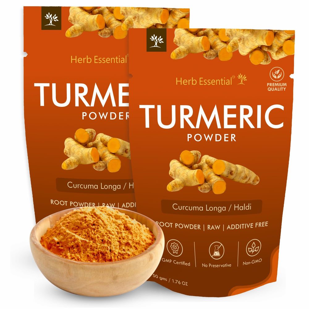 Herb Essential turmeric powder jar highlights pure, natural turmeric for flavorful meals.