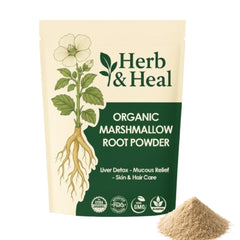 Herb & Heal marshmallow root powder bag promoting organic, additive-free tea and DIY blends.