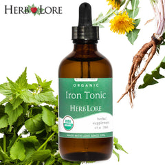 Label closeup of Herb Lore Iron Tonic with organic vegan ingredients.