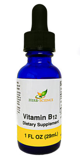 Herb-Science liquid B12 bottle with dropper for fast sublingual absorption.