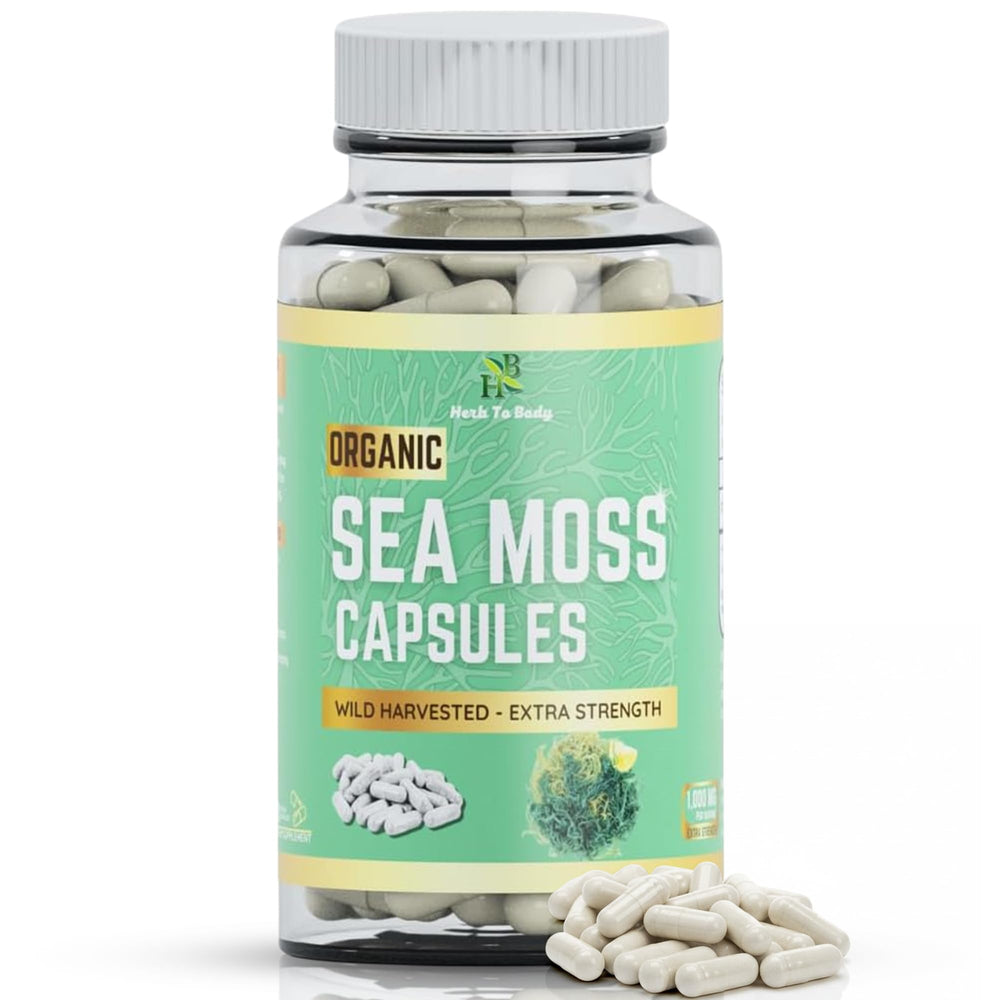 Herb To Body Sea Moss Capsules bottle showcases vegan wellness support.